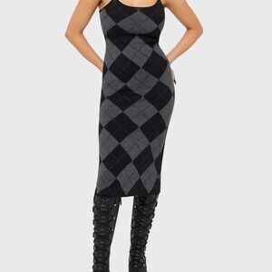 Killstar Black & grey argyle midi dress size xs NWT